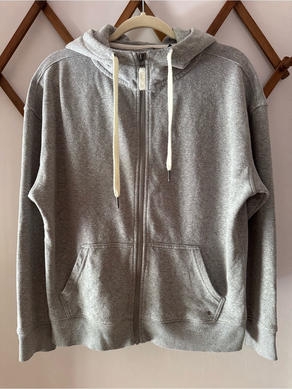 Prana Gray Zip-Up Hoodie with Cream Drawstrings Women’s Size Large
